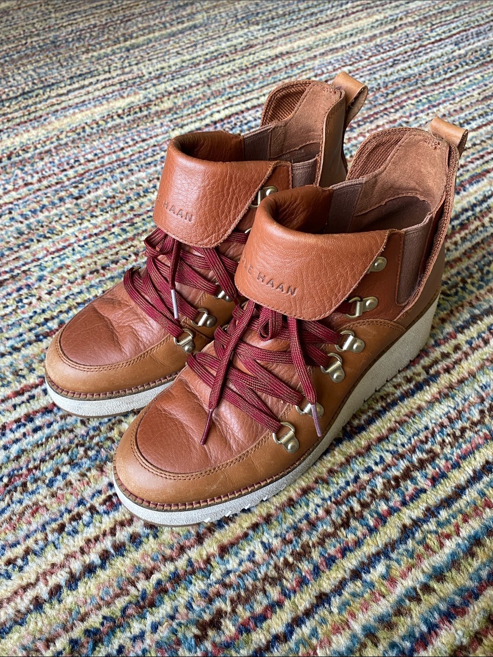 Cole Haan Waterproof Tan Leather Lace-Up Wedge Boots